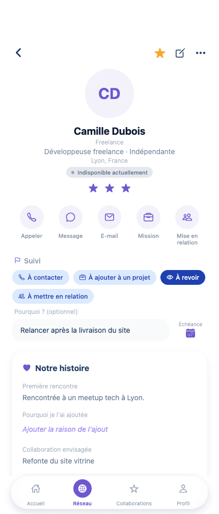 Contact card with follow-up