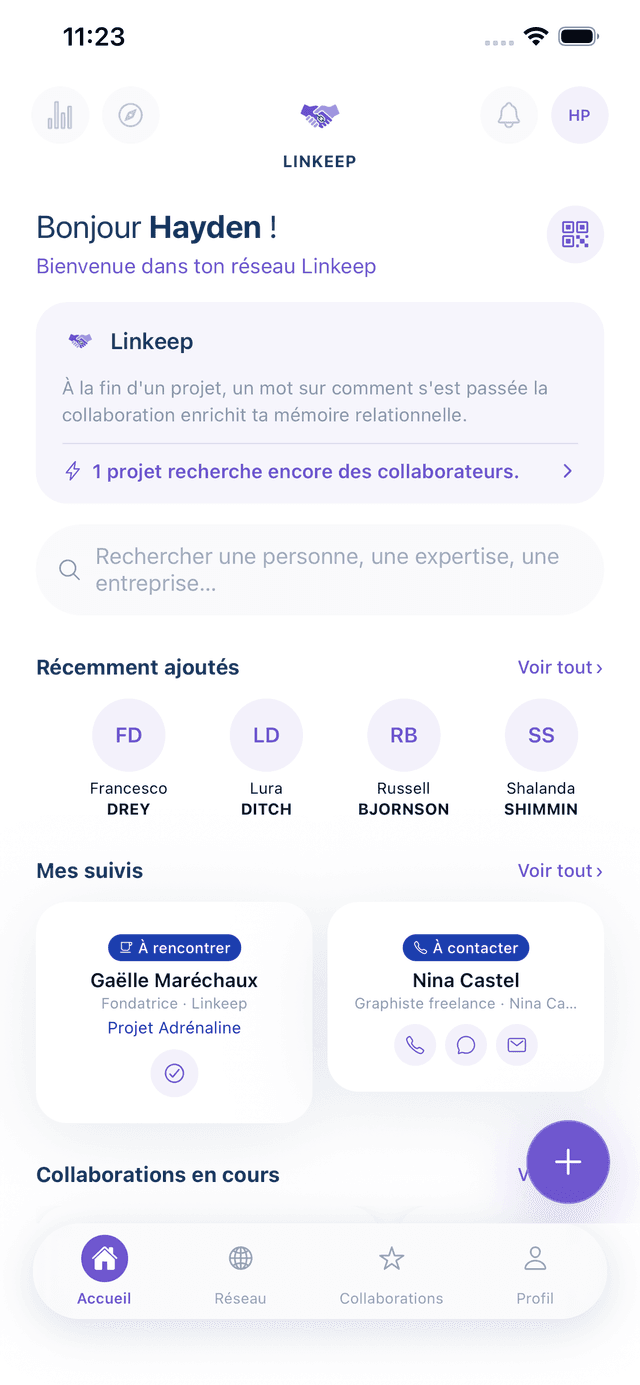 L'accueil de Linkeep : contacts récents, suivis à ne pas oublier et collaborations en cours
