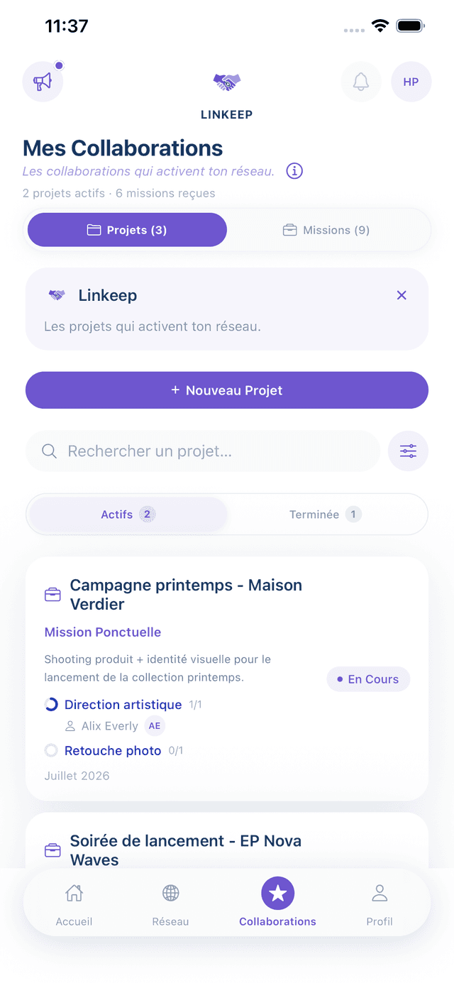 Collaborations, vue Projets