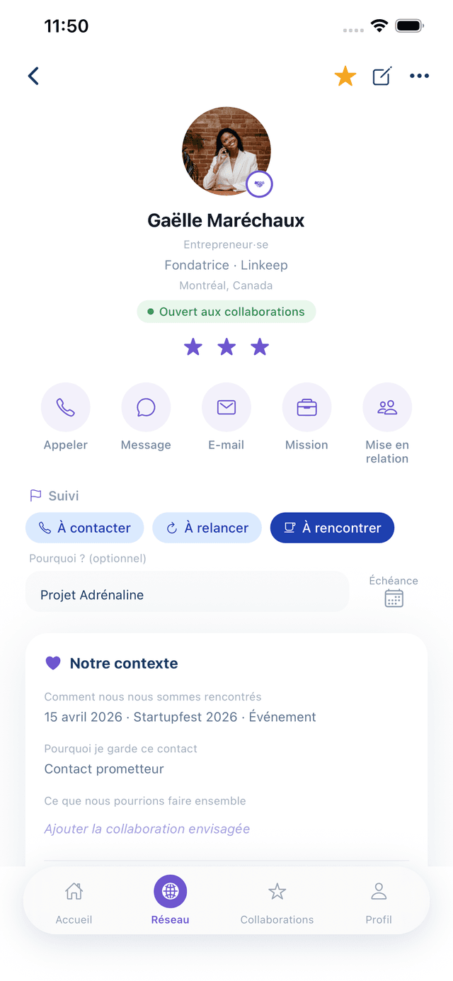 Fiche contact avec actions, suivi et contexte
