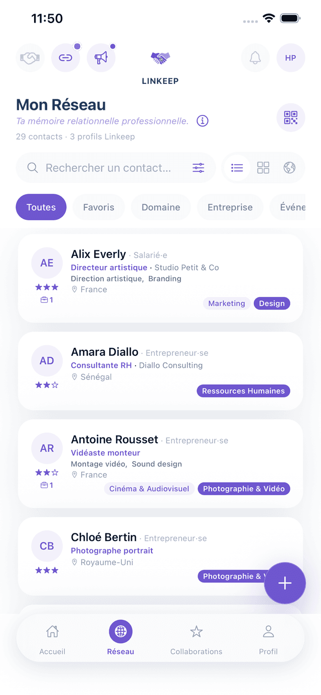Réseau en vue liste