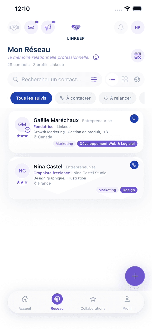 Vue des suivis : à contacter, à relancer, à rencontrer