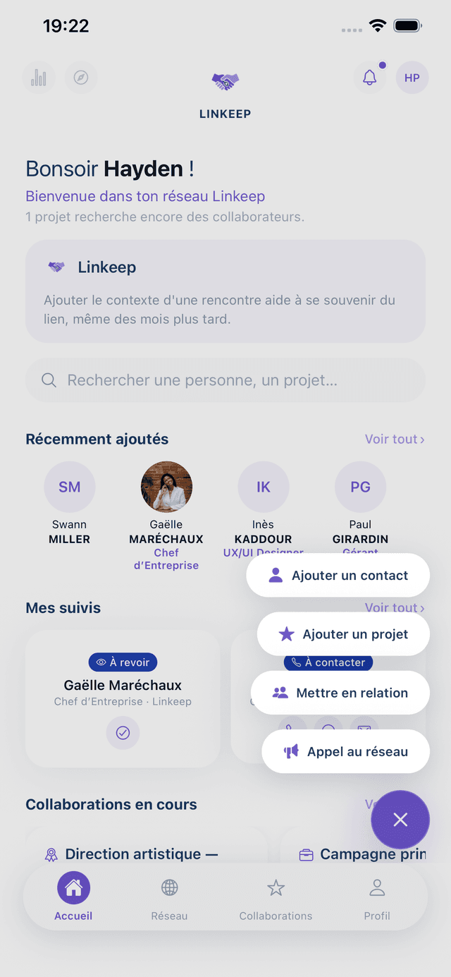 Menu d'actions rapides